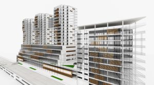 Residential and Office Buildings. Wireframe 3D Render. Scale Model. Architecture.