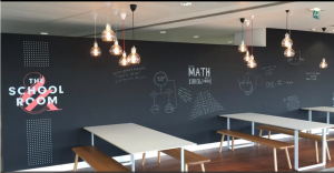 a chalkboard wall in a company lunchroom that employees can write ideas on